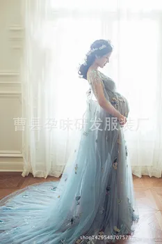 2017 Mode Royal Stil blonder Maternity Dress Gravid Fotografering Rekvisitter Graviditet, barsel photo shoot lang kjole Nightdress