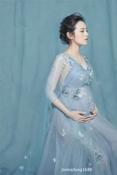 2017 Mode Royal Stil blonder Maternity Dress Gravid Fotografering Rekvisitter Graviditet, barsel photo shoot lang kjole Nightdress