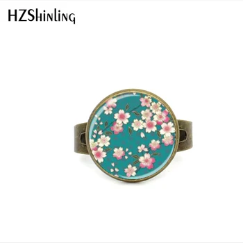 2017 New Style Hvid Sakura Justerbar Ring Cherry Blossom Smykker Glas Kuppel Ringe Abstrakt Kunst Ring Gaver Pige