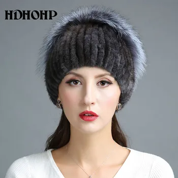 2017 Ny Pels Hat For Vinteren Kvinder Ægte Mink Pels Hat Med Silver Fox Fur Strikkede Huer Fashion Kvinder Pels Hætter