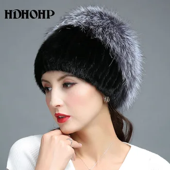 2017 Ny Pels Hat For Vinteren Kvinder Ægte Mink Pels Hat Med Silver Fox Fur Strikkede Huer Fashion Kvinder Pels Hætter