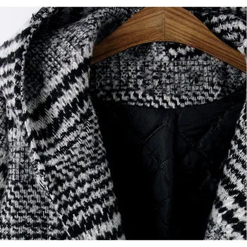 2017 Ny Plaid Tweed Vinter Frakke Kvinder Hooded Casual Tykke Lange Frakker Plus Size Damer Én Knap Vintage Uldne Overtøj B67
