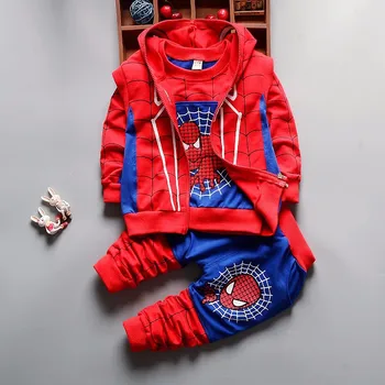 2017 Ny Stil Baby Boy Tøj 3stk Suit/set Børn Spiderman Lange Ærmer T-shirt+hætte Lynlås Vest+patchwork Bukser Sæt