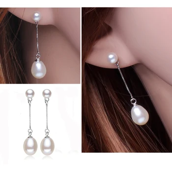 2017 ny ægte, Naturlig lange øreringe, mode smykker til Kvinder 925 sterling sølv perle Smykker dobbelt øreringe gaver