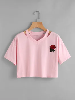 2017 Nye Kvinder Short T-Shirt Sommer Mode Sexet Hule Korte Ærmer Casual Harajuku Afgrøde Top Rose Broderi T-shirts Femme