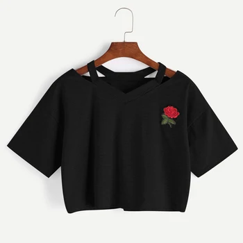2017 Nye Kvinder Short T-Shirt Sommer Mode Sexet Hule Korte Ærmer Casual Harajuku Afgrøde Top Rose Broderi T-shirts Femme