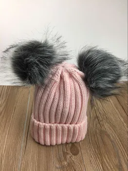 2017 nye kvinder sød strikket akryl +ræv pels pom pom huer vinter solid hat
