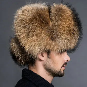 2017 NYE Naturlige Farve Pels Hat Sibiriske Stil Pels Hat Vaskebjørn Fuld Ushanka Hat for midaldrende bomuld cap Lei Feng hat