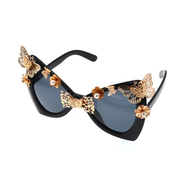 2017 Nye Retro Hule Udskåret Barok Perle Blomst Luksus Solbriller Metal Tre-Dimensionelle Kvinder Butterfly Solbriller