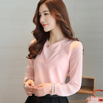 2017 OL shirt spring nye casual dame lange ærmer chiffon blouse koreanske syning solid farve lace tops 620G 30