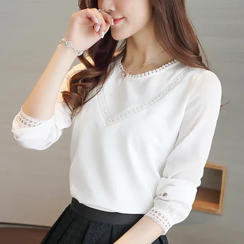 2017 OL shirt spring nye casual dame lange ærmer chiffon blouse koreanske syning solid farve lace tops 620G 30