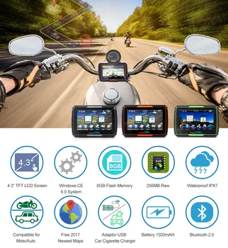 2017 Opdateret 256M RAM, 8GB Flash 4,3 Tommer Moto GPS-Navigator Vandtæt Bluetooth Motorcykel gps Navigation Gratis Kort!