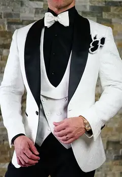 2017 Seneste Pels Bukser Design Hvid Mønster Bryllup Jakkesæt Til Mænd Slim Fit Brugerdefineret 3 Stykke Tuxedo Prom Gommen Suit Blazer Masculino