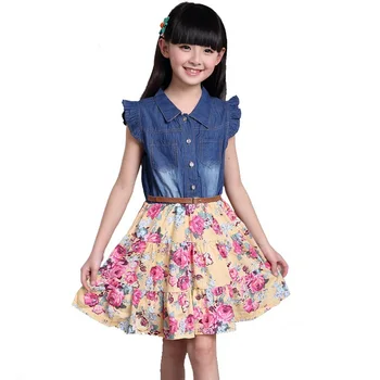 2017 sommer piger, tøj til børn tøj kids kjole bomuld, denim piger blomster print kjoler pige prinsesse kjole med blomst