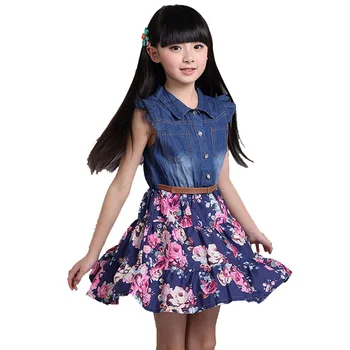 2017 sommer piger, tøj til børn tøj kids kjole bomuld, denim piger blomster print kjoler pige prinsesse kjole med blomst