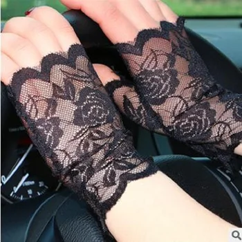 2017 sommeren damer tynde blonder halv finger solen sort handske kort afsnit, udendørs kvindelige føreren til at køre anti-UV-handsker