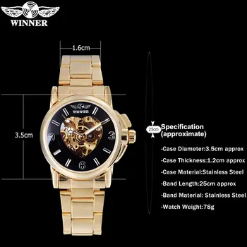2017 VINDER kina mærke kvinder watch luksus automatisk selv at wind watch chronograph black dial-sort transparent glas, rustfrit stål band