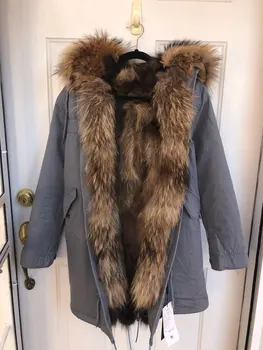 2017 Ægte, naturlig Pels vinter jakke, Lange Kvinder Vaskebjørn pels foring hætteklædte parkacoats gratis fragt