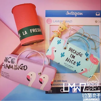 2018 Bærbare håndholdte PU kawaii flamingoer penalhus taske box office & skole brevpapir butikken gave til piger søde glas etui