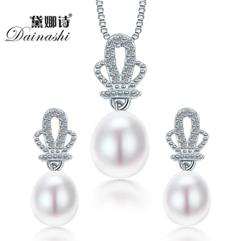 2018 Dainashi Crown Naturlige Perle Vedhæng Øreringe af 925 Sterling Sølv Smykker Sæt,Hvid Pink Lilla 9-10mm Vand Dråbe Perle