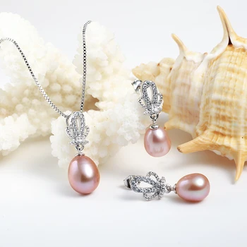 2018 Dainashi Crown Naturlige Perle Vedhæng Øreringe af 925 Sterling Sølv Smykker Sæt,Hvid Pink Lilla 9-10mm Vand Dråbe Perle
