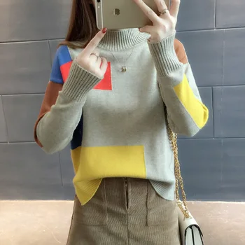 2018 efterår og vinter nye koreanske version af den semi-høj krave lange ærmer farve kort sweater