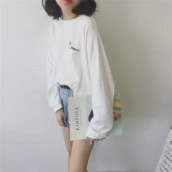2018 Efteråret Nye Ulzzang Harajuku BF Toppe koreanske Studerende Solid Farve, Løs T-Shirt Fashion Kvinder Solid Hvid/Gul Tøj