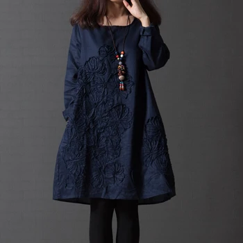 2018 Forår Mode Retro Bomuld Kvinder Kjole Skjorte Broderet 6 Farver, Print Kjole Afslappet Langærmet Kjoler Plus Size