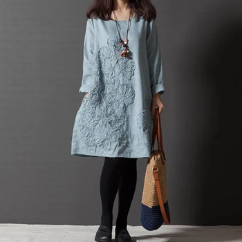 2018 Forår Mode Retro Bomuld Kvinder Kjole Skjorte Broderet 6 Farver, Print Kjole Afslappet Langærmet Kjoler Plus Size