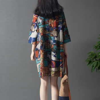 2018 Forår og Efterår Vintage Print Bomuld Kjole Kort Ærme Plus Size løse Kvinder Kjoler Vestidos Robe M-4XL Størrelse