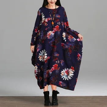 2018 Foråret Efteråret Vintage Bomuld Kvinder Kjole i stor størrelse Løs Casual Lang Kjole Vestidos Kjole Kjoler(Ingen halstørklæde)