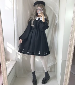 2018 Japansk Bløde Søster Preppy Stil Harajuku Mørke Pige i Sort Kjole JK Uniform Broderi Med Peterpan Krave Kvinder Kjole