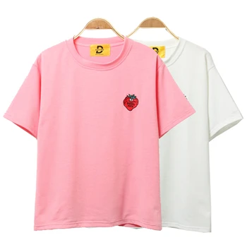 2018 Kvinder Tshirt Harajuku Kawaii Jordbær T-Shirts, Bomuld Embrodidery Korte Ærmer Søde Casual Hvid Pink Tee Damer Toppe