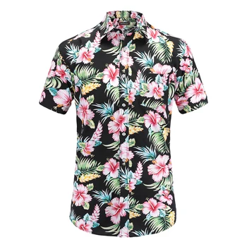 2018 Mode Regular Fit Herre Cotton kortærmet Hawaii-Skjorte Sommeren Afslappet Blomster Shirts til Mænd Plus Størrelse S-3XL Ferie Toppe