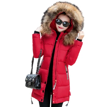 2018 pels krave plus størrelse 3XL kvinder vinteren hooded coat kvinder parka overtøj damer varm lang jakke slank jaqueta feminina