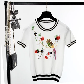 2018 Runway stil kvindelige luksus perlebesat blomst, T-shirts mode pailletter fugl strikke toppe o-hals kort-langærmet beklædning SY1063