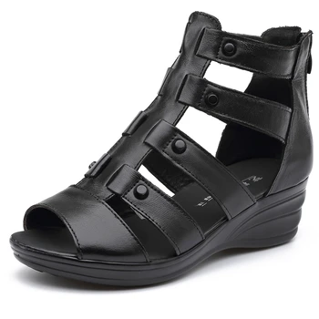 2018 sommer Mode sandaler af ægte læder-blød ydersål komfortable åben tå kiler mor sko flade sandaler