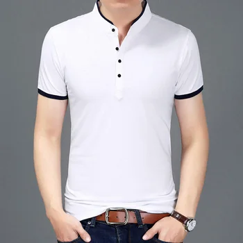 2018 Sommeren Nye Fashion Mærke Tøj Tshirt Mænd Solid Farve Slim Fit Kortærmet T-Shirt Mænd Mandarin Collar Casual T-Shirts