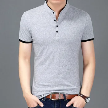 2018 Sommeren Nye Fashion Mærke Tøj Tshirt Mænd Solid Farve Slim Fit Kortærmet T-Shirt Mænd Mandarin Collar Casual T-Shirts