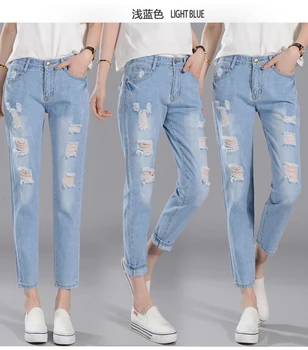 2018 trendy rippet elastisk talje jeans kvinder kvinde jeans med høj talje damer mødre denim bukser femme boyfriend jeans for kvinder