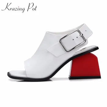 2018 ægte læder-pladsen peep toe ankel stropper fashion kvinder sandaler kvinder høje hæle blandede farver sommer kausale sko L50.