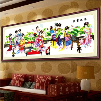 210*76cm stort billede traditionel Kinesisk Skønhed 12 tal cross stitch kits, trykt mønster, broderi sæt stue indretning