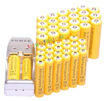 24+24 X AA AAA-1800mAh 3000mAh Genopladelige batterier 1,2 V Gul + USB-Oplader
