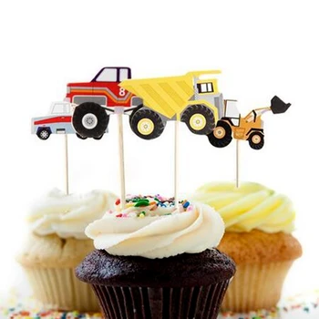 24pcs Tegnefilm Bil lastbil Gravemaskiner Cupcake Toppers Pick barn dreng, Fødselsdag, bryllup kage, flag, og Dekoration Forsyninger Børn Gave