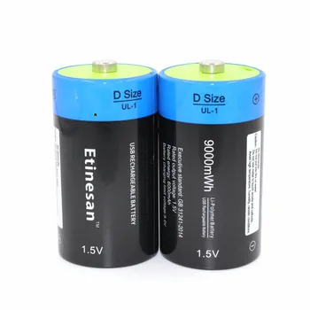 2stk/masse Etinesan 1,5 v li-polymer 9000mWh D size genopladelige D batteriet, stor kapacitet, D-type USB-batteri