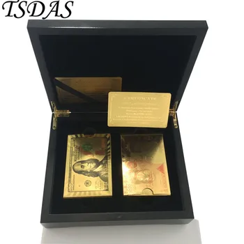 2stk/masse Guld Folie Poker Kort 24K Guld-Folie Belagt USD 100 Dollar & UK 50 Pounds Med Træ-Box Tabel Spil