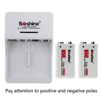 2stk Soshine 650mAh 9V 6F22 Genopladeligt Batteri + Smart Intelligent Ni-MH, Li-ion Batteri Oplader med LED-Indikator