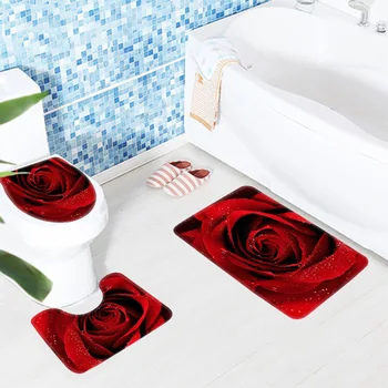 3 Stk bademåtte Sæt Rosen Mønster Toilet Mat i Tre Sæt bademåtte Anti Slip Badeværelse Tæpper og Tæpper