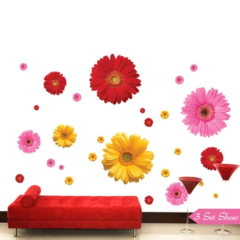 3 sæt/parti Aftagelige PVC Decals Pink Gul Rød Flotte Daisy Blomster DIY Wall Stickers Til Sofa vægdekoration