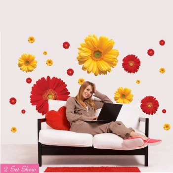 3 sæt/parti Aftagelige PVC Decals Pink Gul Rød Flotte Daisy Blomster DIY Wall Stickers Til Sofa vægdekoration